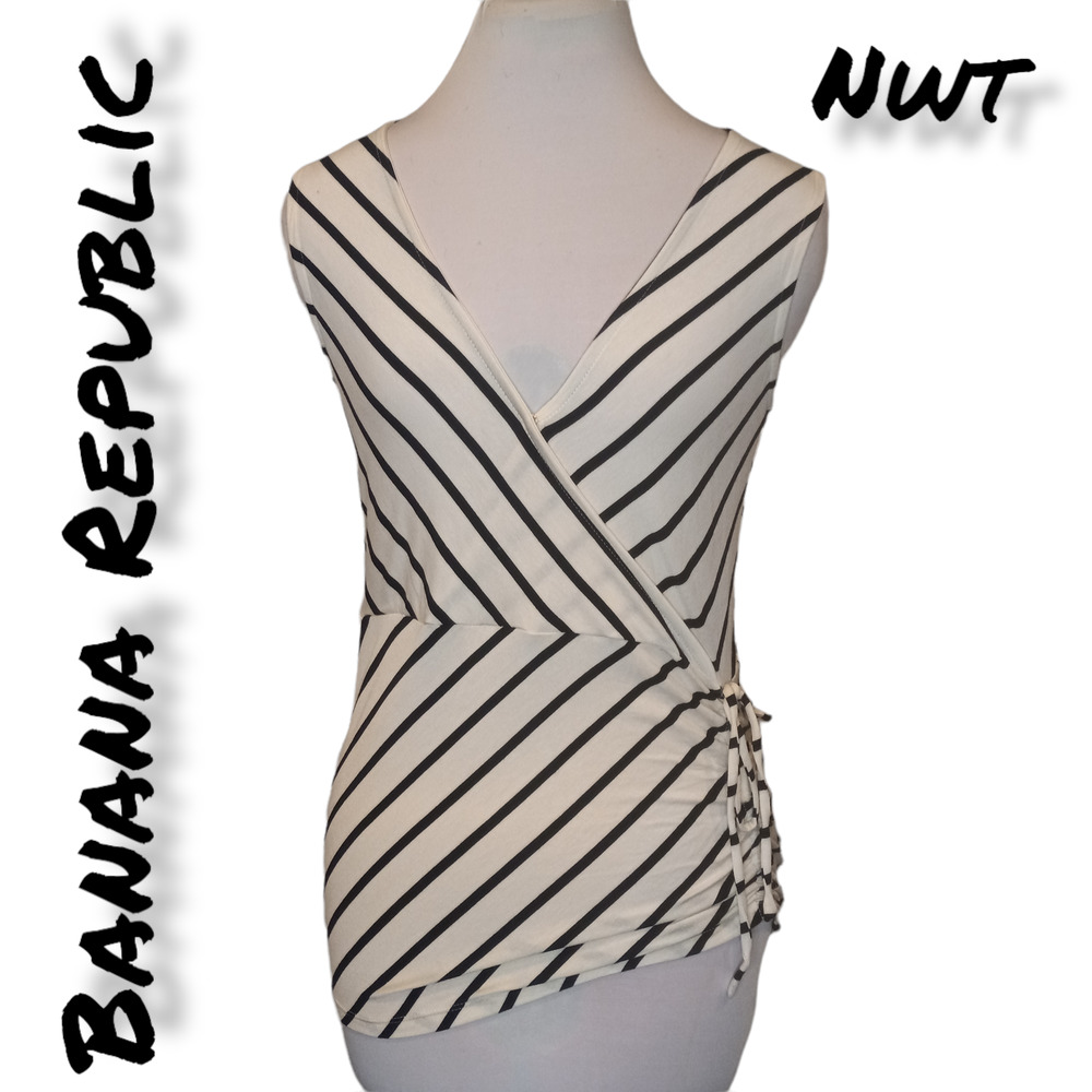 NWT Banana Republic White Black Stripes Deep V Neck Sleeveless Top XS